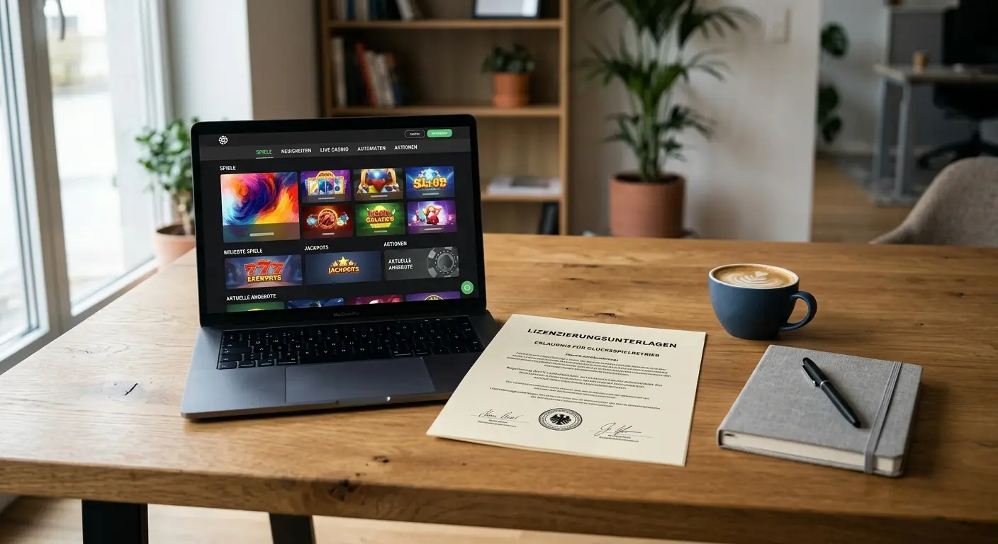 Beste Online Casinos ohne OASIS 2026 Vergleich – Laptop mit Casino-Lobby und Lizenzdokument