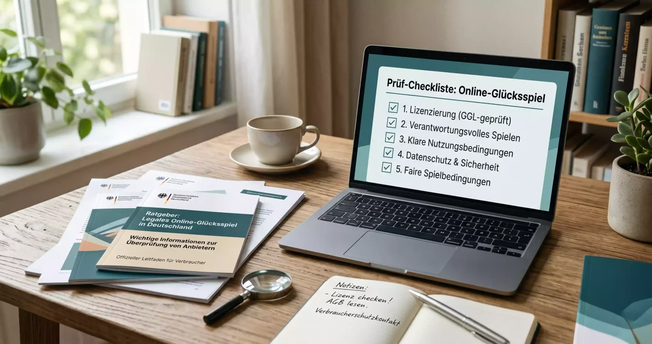 Ruhige Arbeitsplatzszene mit Prüfliste für ein Glücksspielangebot in Deutschland