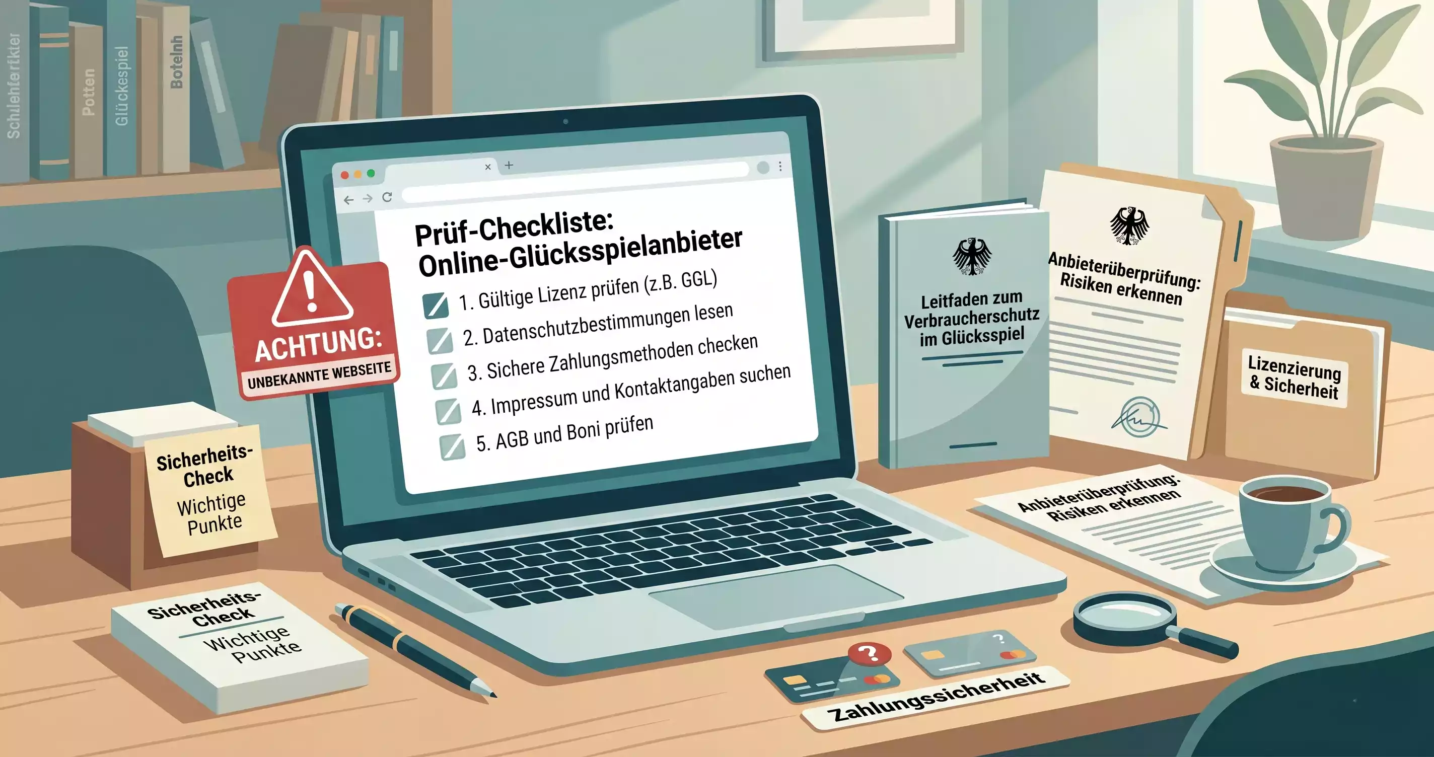 Abstrakte Risikokarte mit Warnzeichen rund um eine Glücksspielseite