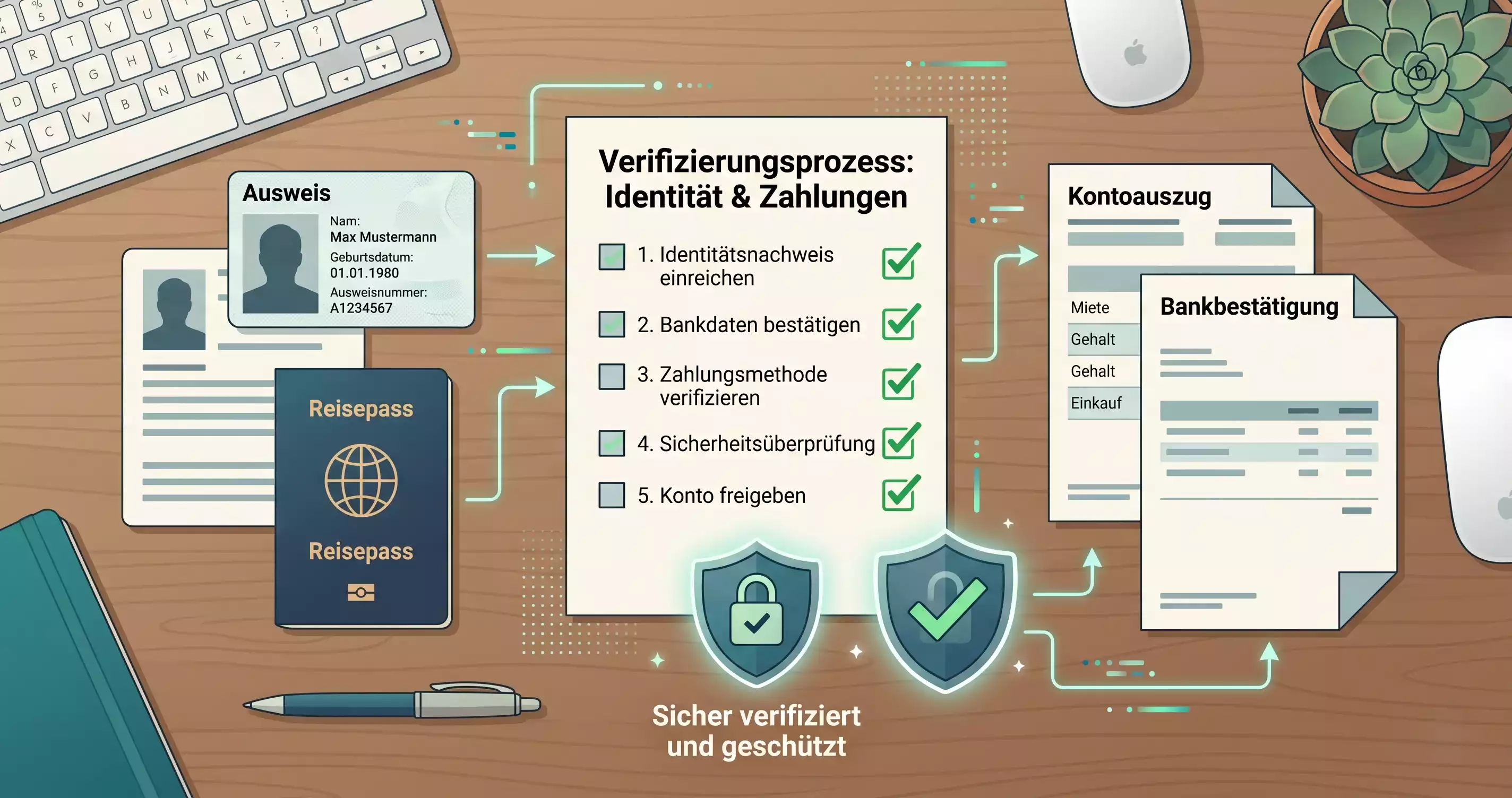 Geordnete Dokumente, Kontoauszug und Prüfhäkchen als Symbol für sichere Verifizierung