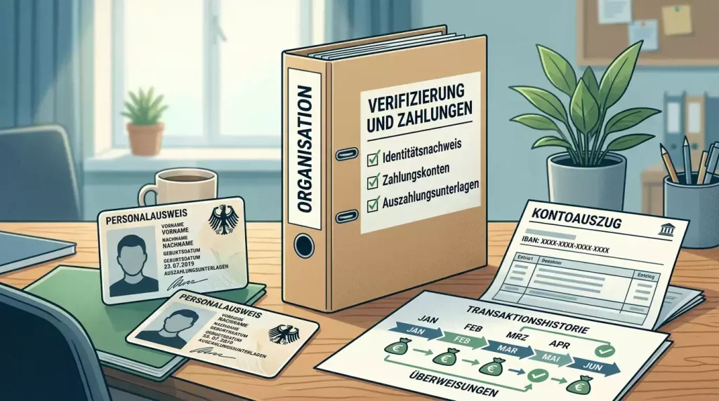 Geordnete Unterlagen zu Identitätsprüfung, Zahlungskonto und Auszahlung